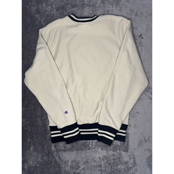 Champion Reverse Weave Sweatshirt Small Beige Black Varsity Stripe Crewneck - Picture 5 of 5